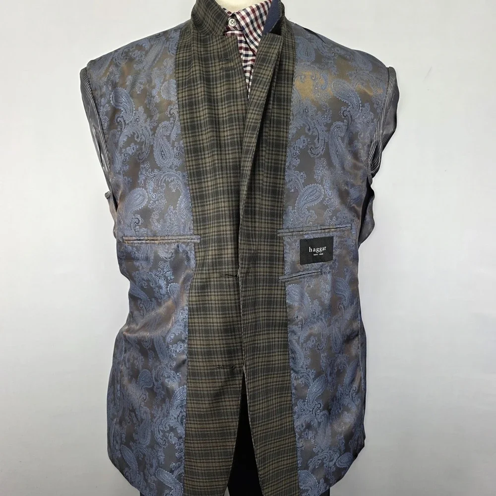 Haggar Men's Sport Coat Blazer Two Button Brown Checked‎ polyester LARGE